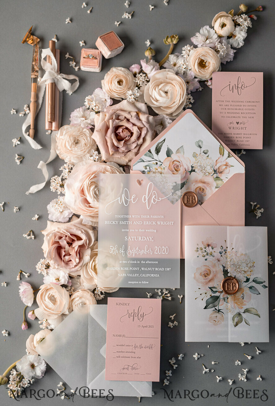 WEDDING INVITATIONS Elegant Invites Classic Cards Romantic Blush Pink Wedding Invitations, Luxury Frozen Acrylic Plexi Wedding Invites, Elegant Floral Wedding Cards, Handmade Vellum Wedding Invitation Suite