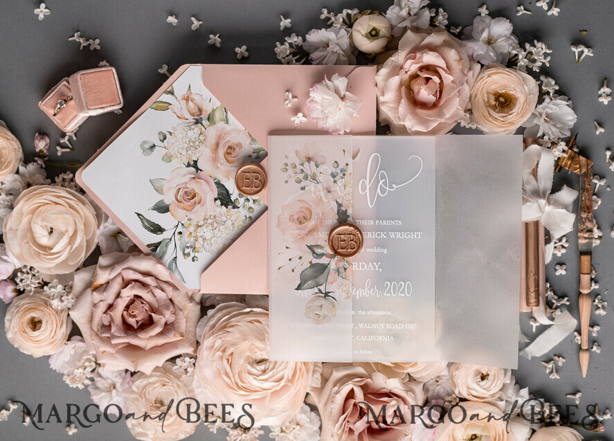 WEDDING INVITATIONS Elegant Invites Classic Cards Romantic Blush Pink Wedding Invitations, Luxury Frozen Acrylic Plexi Wedding Invites, Elegant Floral Wedding Cards, Handmade Vellum Wedding Invitation Suite
