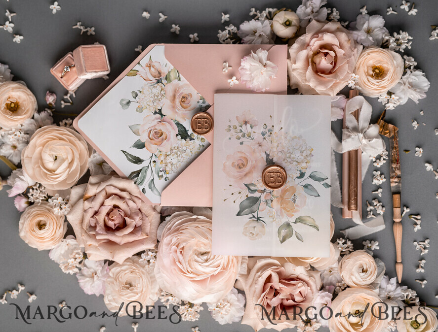 WEDDING INVITATIONS Elegant Invites Classic Cards Romantic Blush Pink Wedding Invitations, Luxury Frozen Acrylic Plexi Wedding Invites, Elegant Floral Wedding Cards, Handmade Vellum Wedding Invitation Suite