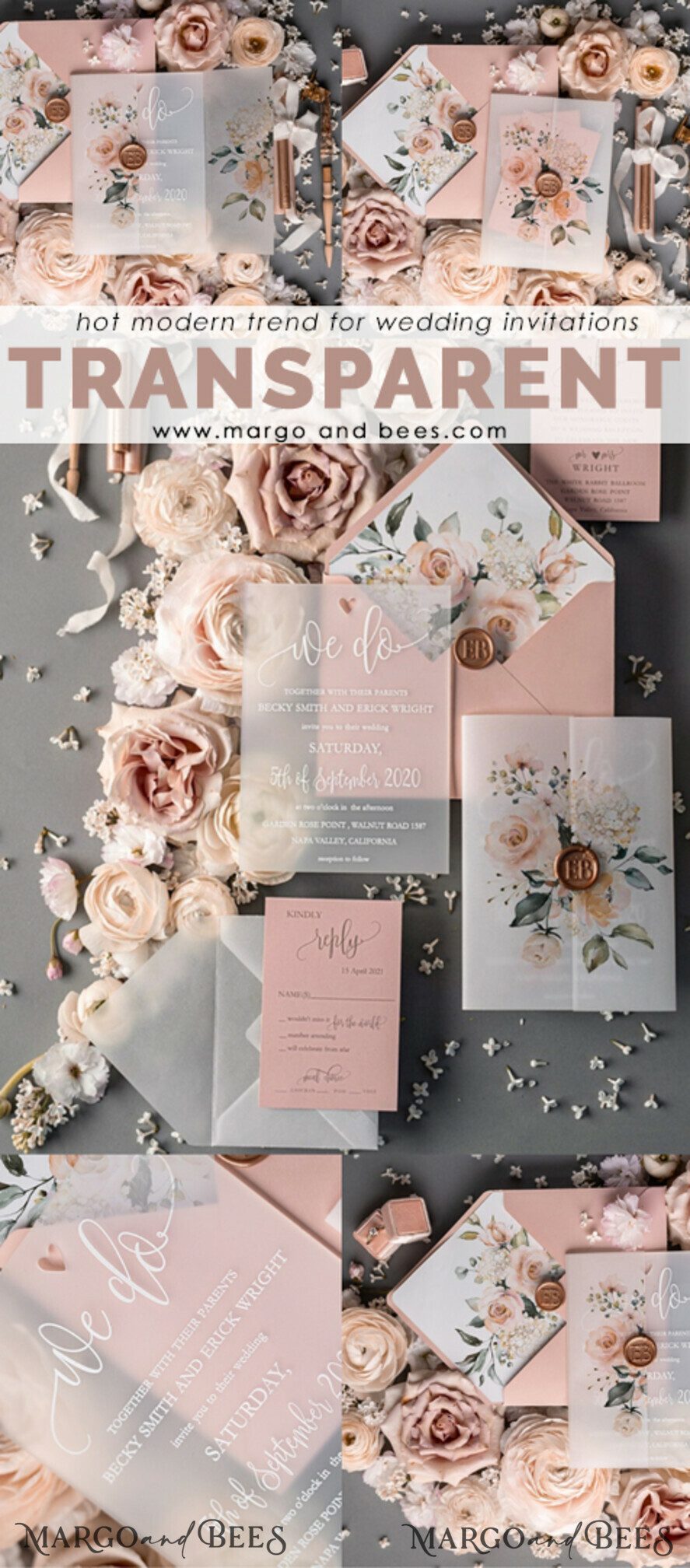 WEDDING INVITATIONS Elegant Invites Classic Cards Romantic Blush Pink Wedding Invitations, Luxury Frozen Acrylic Plexi Wedding Invites, Elegant Floral Wedding Cards, Handmade Vellum Wedding Invitation Suite