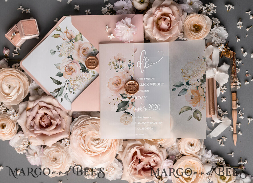 WEDDING INVITATIONS Elegant Invites Classic Cards Romantic Blush Pink Wedding Invitations, Luxury Frozen Acrylic Plexi Wedding Invites, Elegant Floral Wedding Cards, Handmade Vellum Wedding Invitation Suite