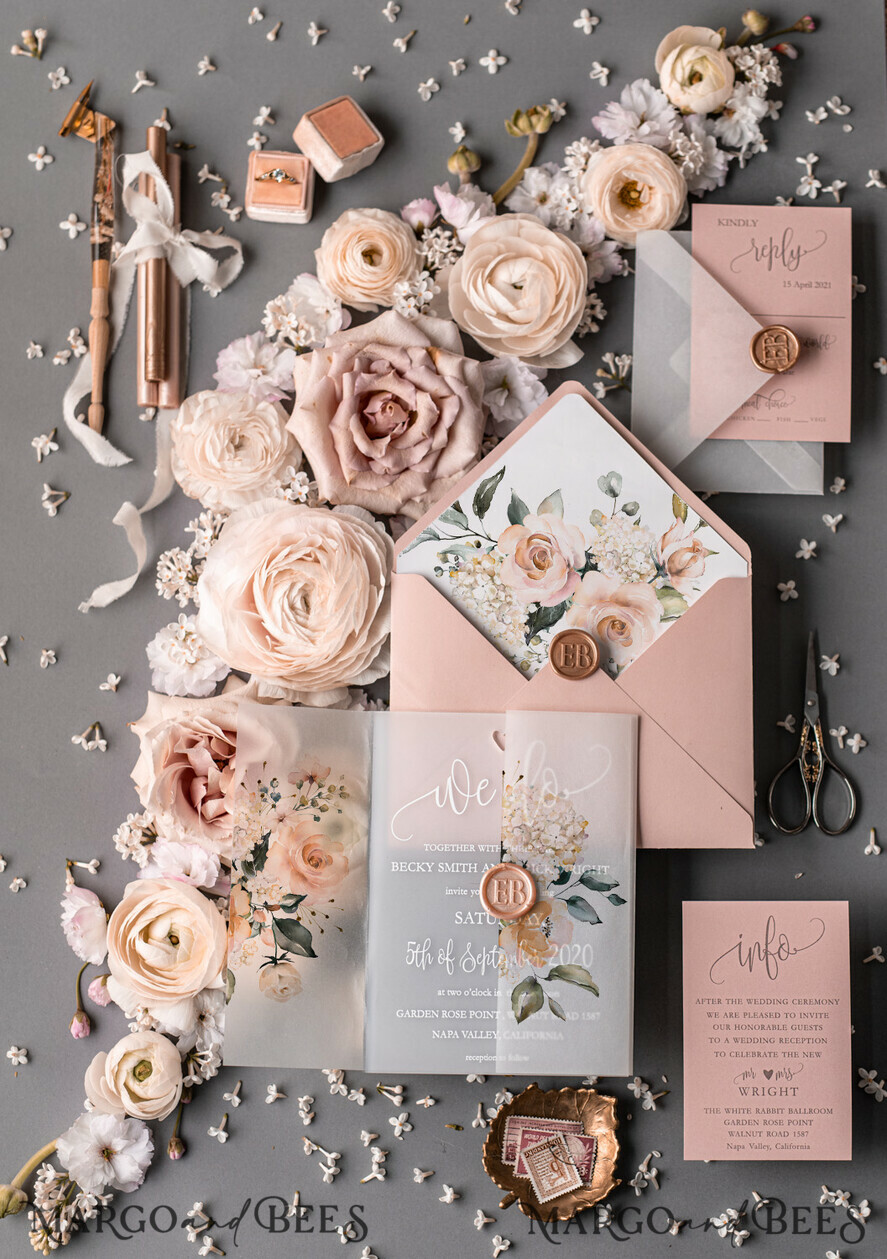 WEDDING INVITATIONS Elegant Invites Classic Cards Romantic Blush Pink Wedding Invitations, Luxury Frozen Acrylic Plexi Wedding Invites, Elegant Floral Wedding Cards, Handmade Vellum Wedding Invitation Suite