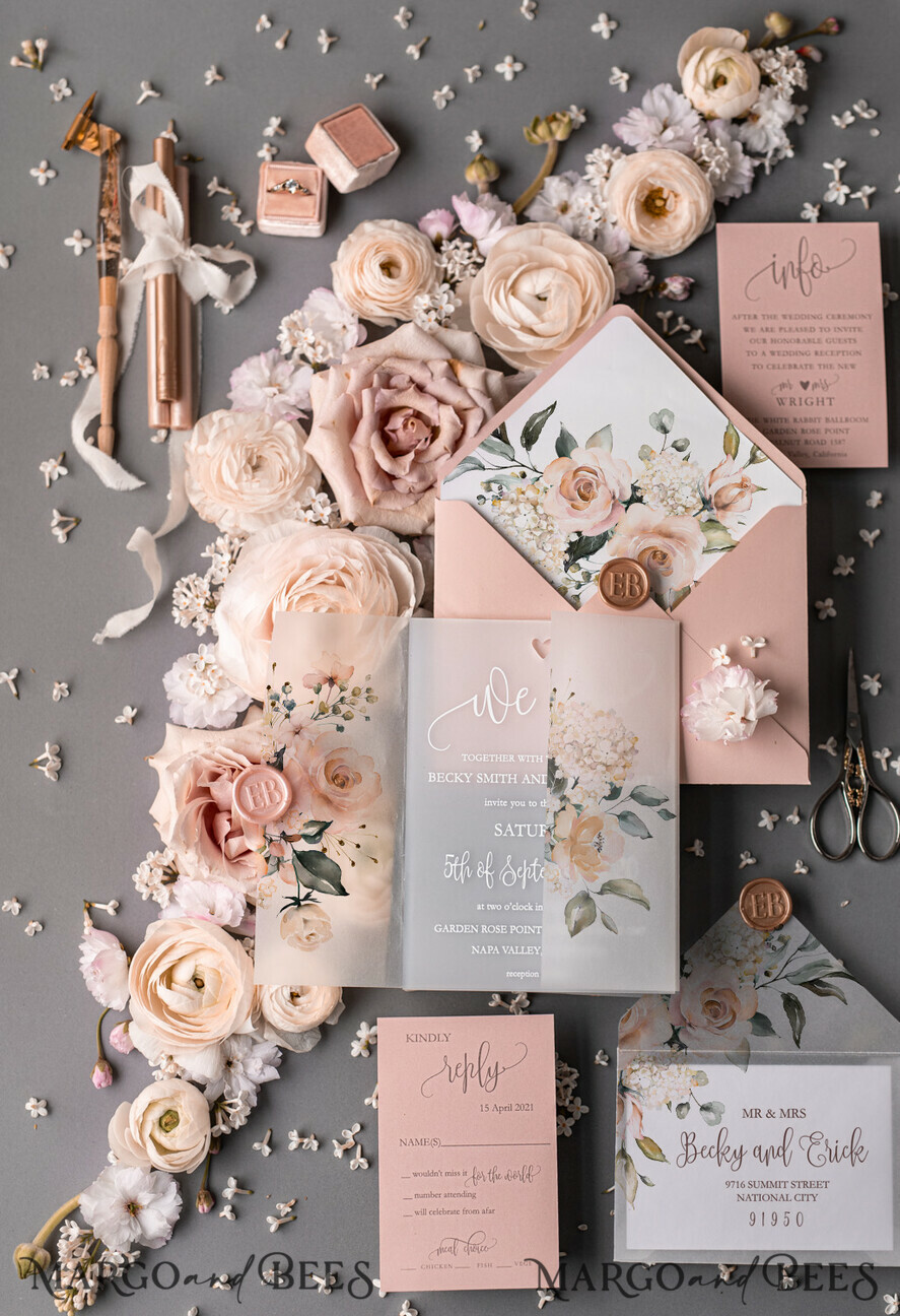 WEDDING INVITATIONS Elegant Invites Classic Cards Romantic Blush Pink Wedding Invitations, Luxury Frozen Acrylic Plexi Wedding Invites, Elegant Floral Wedding Cards, Handmade Vellum Wedding Invitation Suite