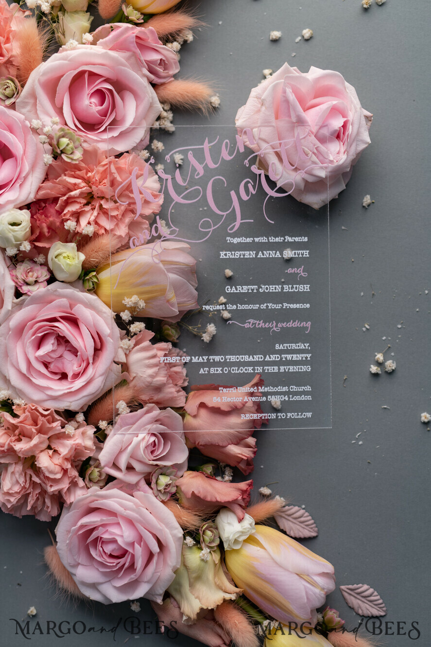 WEDDING INVITATIONS Elegant Invites Classic Cards Acrylic wedding invitations, transparent acrylic, floral acrylic, acrylic card, custom acrylic, personalized acrylic, floral wedding invitations, blush pink wedding invitations, white wedding invitations, blush wedding cards, pink lettering, pink and white wedding invitations, blush pink and white wedding, blush pink and white wedding invitations, blush pink wedding, rose wedding card design, elegant wedding invitations, vellum wrapping, vellum cover