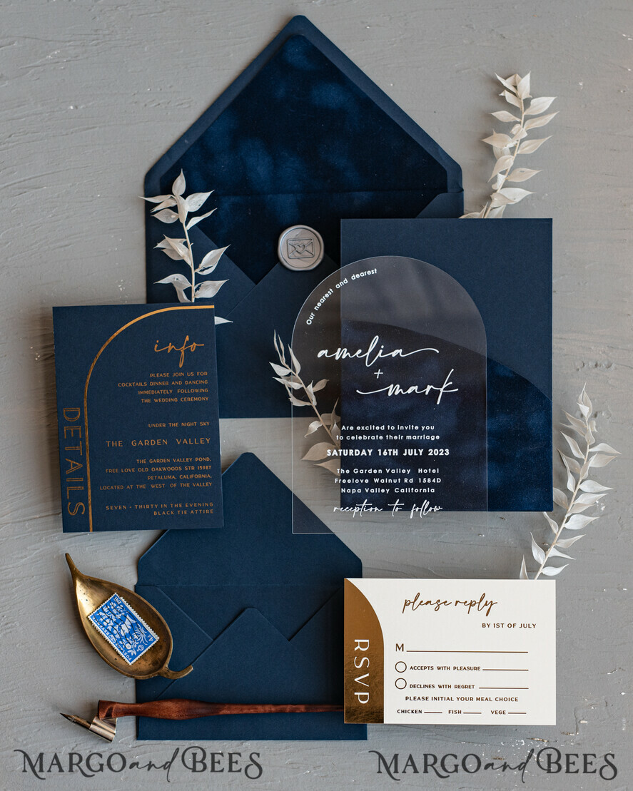 WEDDING INVITATIONS Elegant Invites Classic Cards Modern Arch Acrylic Wedding Invitations, Velvet Pocket Navy blue Modern Wedding Cards, Navy Gold Invites, minimalistic Plexi Wedding Invitation Suite