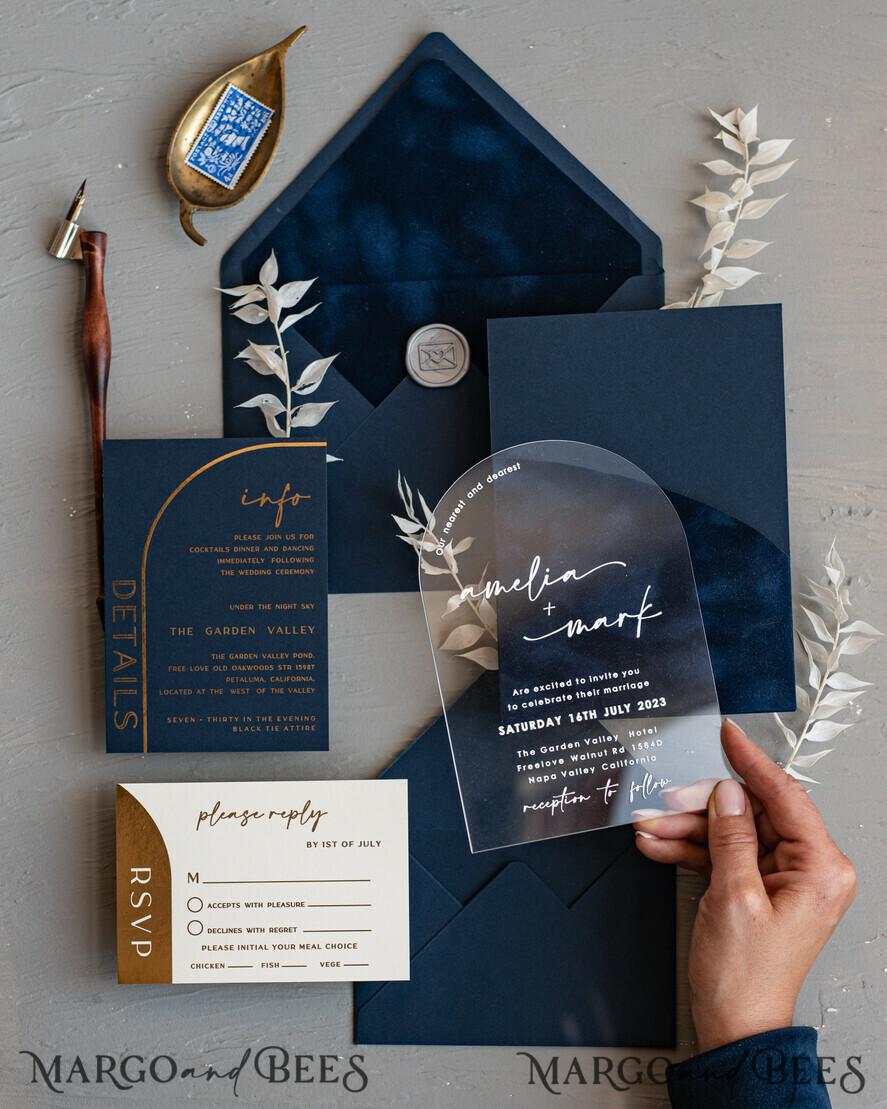 WEDDING INVITATIONS Elegant Invites Classic Cards Modern Arch Acrylic Wedding Invitations, Velvet Pocket Navy blue Modern Wedding Cards, Navy Gold Invites, minimalistic Plexi Wedding Invitation Suite