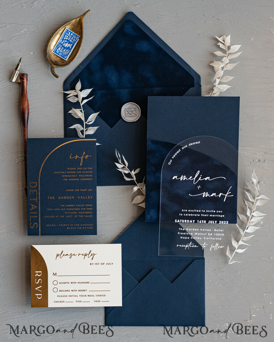 WEDDING INVITATIONS Elegant Invites Classic Cards Modern Arch Acrylic Wedding Invitations, Velvet Pocket Navy blue Modern Wedding Cards, Navy Gold Invites, minimalistic Plexi Wedding Invitation Suite