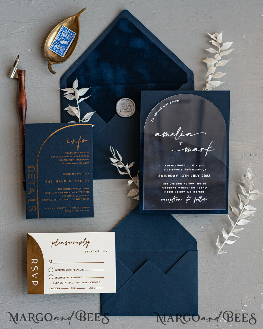 WEDDING INVITATIONS Elegant Invites Classic Cards Modern Arch Acrylic Wedding Invitations, Velvet Pocket Navy blue Modern Wedding Cards, Navy Gold Invites, minimalistic Plexi Wedding Invitation Suite