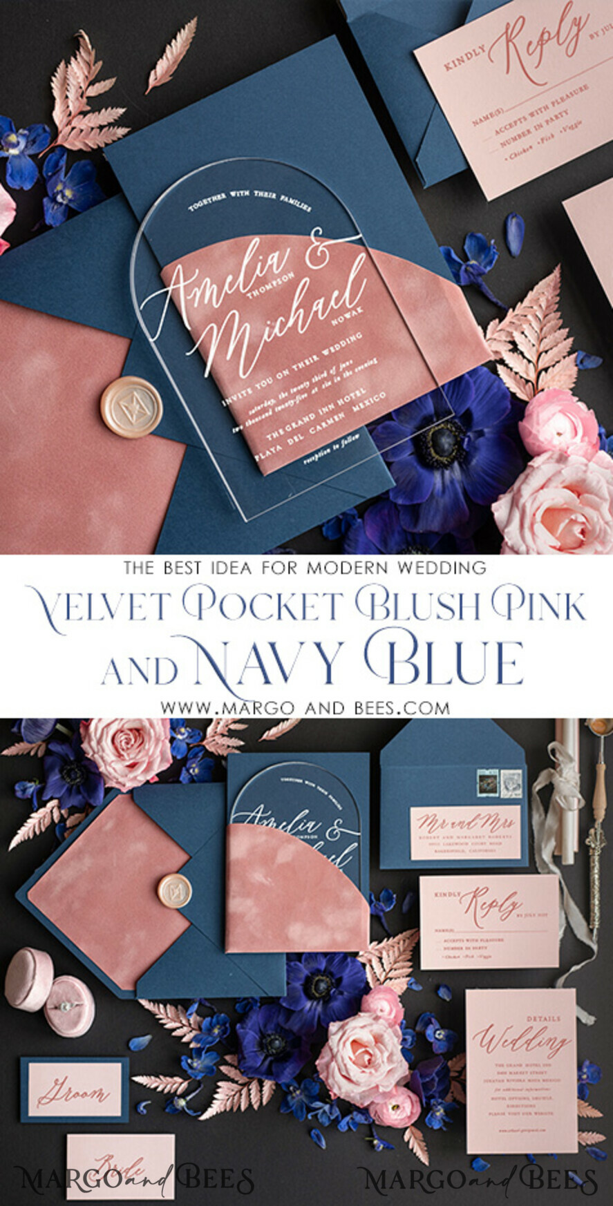 WEDDING INVITATIONS Elegant Invites Classic Cards Navy Blue Dusty Pink velvet Pocket Plexi wedding Invitation Set, Elegant Arch Acrylic Wedding Invitations Dark blue, Velvet Pocket blush pink Modern Wedding, Plexi Wedding Cards Suite