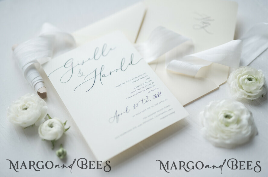 WEDDING INVITATIONS Elegant Invites Classic Cards Minimalist Wedding Invitations Fine Art Stationery with Bow Ivory Paper Envelope Monogram Liner