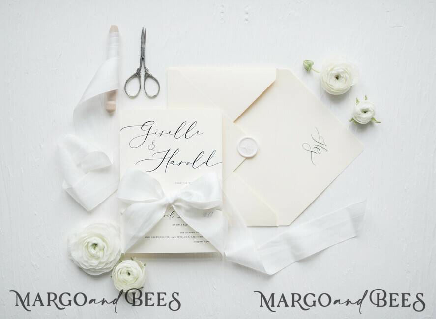 WEDDING INVITATIONS Elegant Invites Classic Cards Minimalist Wedding Invitations Fine Art Stationery with Bow Ivory Paper Envelope Monogram Liner