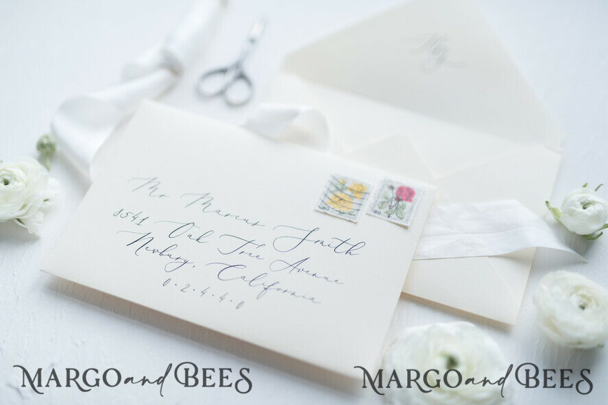 WEDDING INVITATIONS Elegant Invites Classic Cards Minimalist Wedding Invitations Fine Art Stationery with Bow Ivory Paper Envelope Monogram Liner