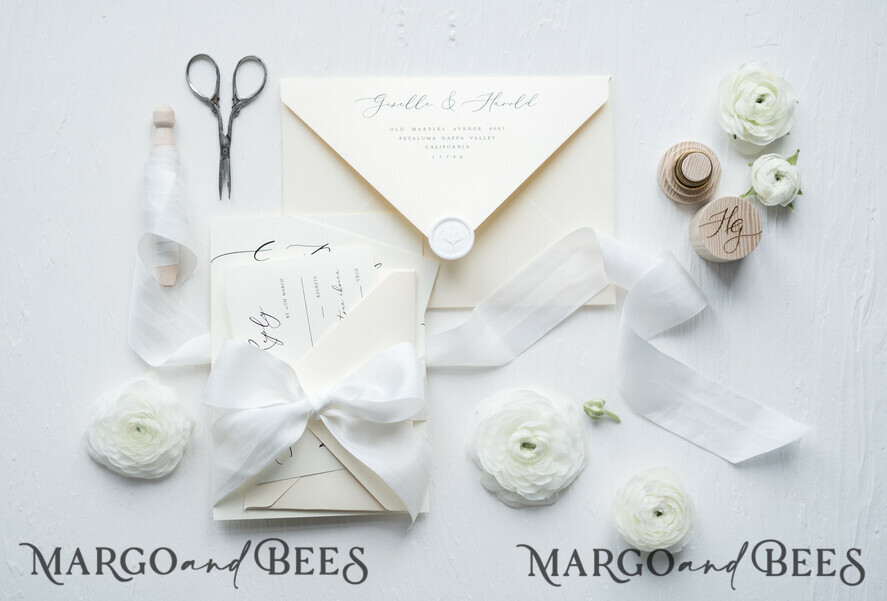 WEDDING INVITATIONS Elegant Invites Classic Cards Minimalist Wedding Invitations Fine Art Stationery with Bow Ivory Paper Envelope Monogram Liner