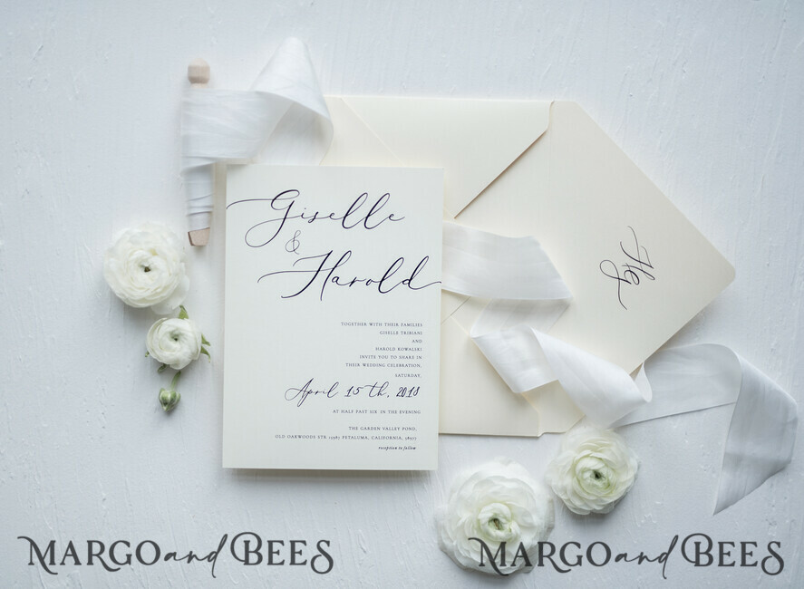 WEDDING INVITATIONS Elegant Invites Classic Cards Minimalist Wedding Invitations Fine Art Stationery with Bow Ivory Paper Envelope Monogram Liner