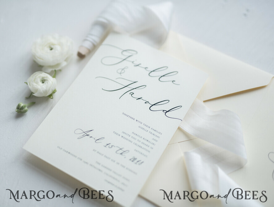 WEDDING INVITATIONS Elegant Invites Classic Cards Minimalist Wedding Invitations Fine Art Stationery with Bow Ivory Paper Envelope Monogram Liner