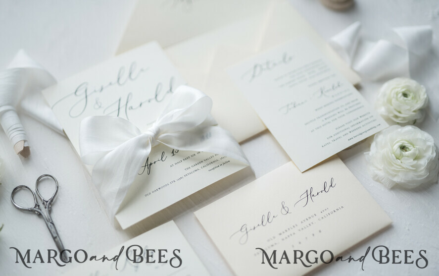 WEDDING INVITATIONS Elegant Invites Classic Cards Minimalist Wedding Invitations Fine Art Stationery with Bow Ivory Paper Envelope Monogram Liner