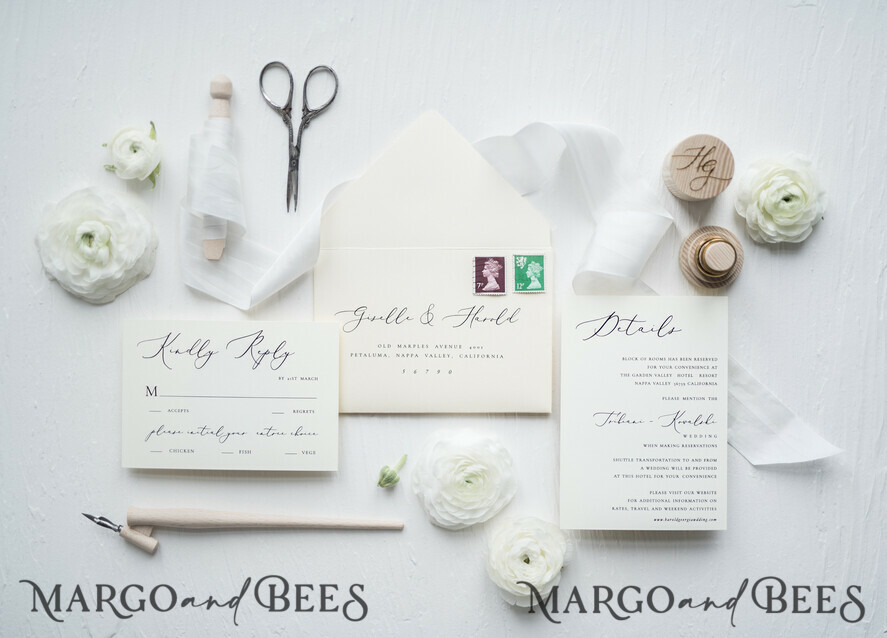 WEDDING INVITATIONS Elegant Invites Classic Cards Minimalist Wedding Invitations Fine Art Stationery with Bow Ivory Paper Envelope Monogram Liner