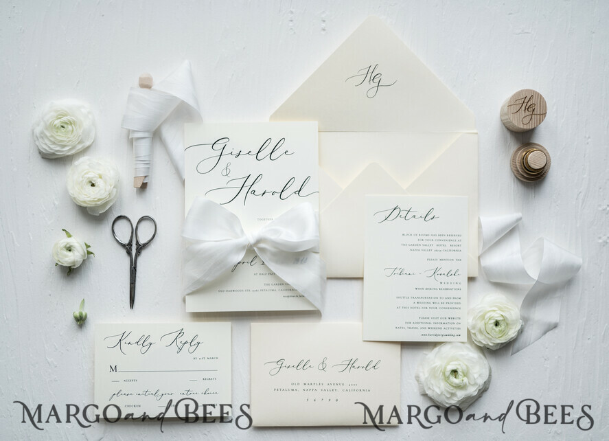 WEDDING INVITATIONS Elegant Invites Classic Cards Minimalist Wedding Invitations Fine Art Stationery with Bow Ivory Paper Envelope Monogram Liner