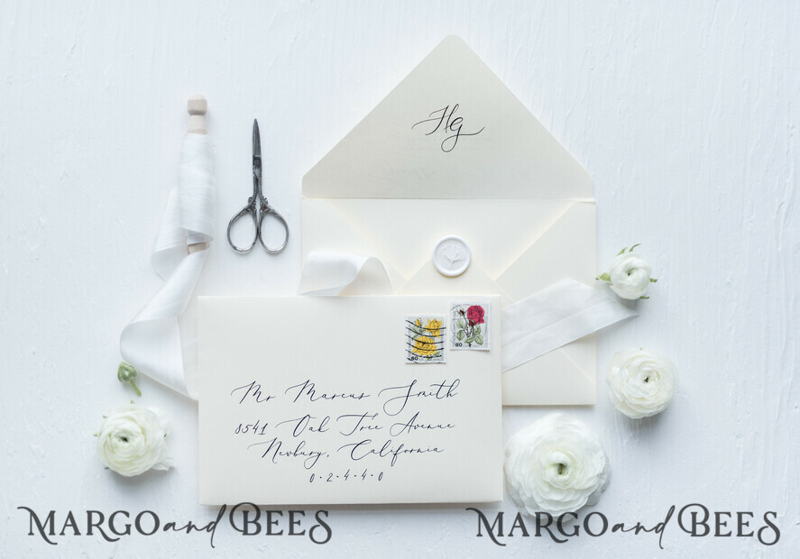 WEDDING INVITATIONS Elegant Invites Classic Cards Minimalist Wedding Invitations Fine Art Stationery with Bow Ivory Paper Envelope Monogram Liner
