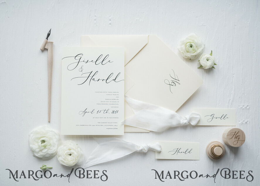 WEDDING INVITATIONS Elegant Invites Classic Cards Minimalist Wedding Invitations Fine Art Stationery with Bow Ivory Paper Envelope Monogram Liner