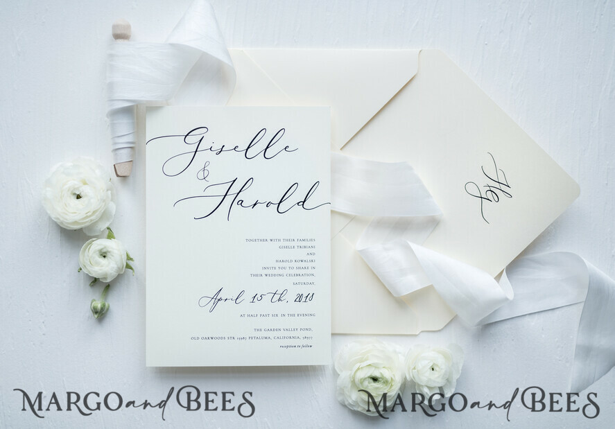 WEDDING INVITATIONS Elegant Invites Classic Cards Minimalist Wedding Invitations Fine Art Stationery with Bow Ivory Paper Envelope Monogram Liner