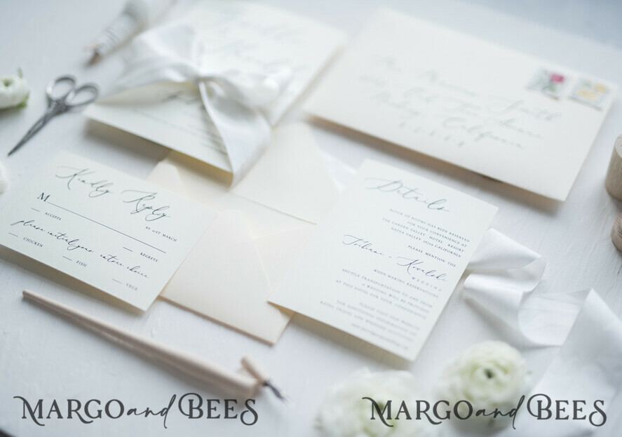 WEDDING INVITATIONS Elegant Invites Classic Cards Minimalist Wedding Invitations Fine Art Stationery with Bow Ivory Paper Envelope Monogram Liner