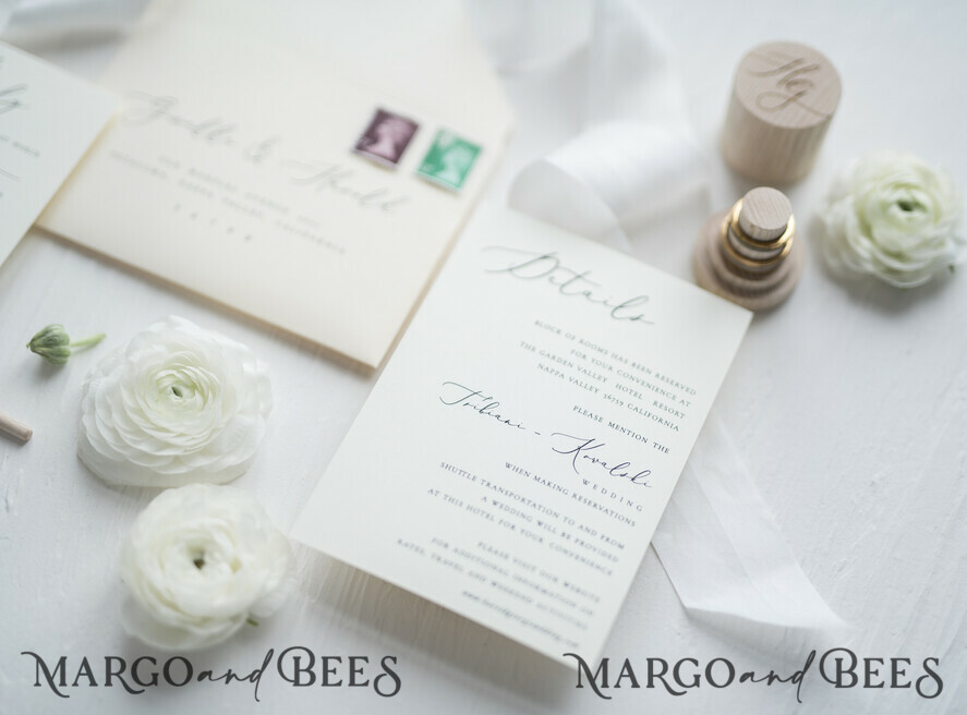 WEDDING INVITATIONS Elegant Invites Classic Cards Minimalist Wedding Invitations Fine Art Stationery with Bow Ivory Paper Envelope Monogram Liner