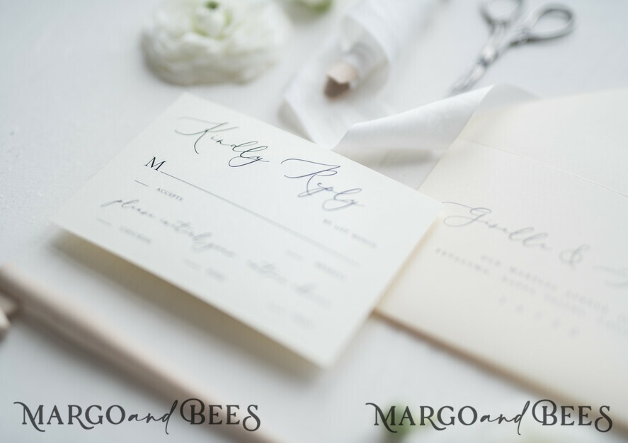 WEDDING INVITATIONS Elegant Invites Classic Cards Minimalist Wedding Invitations Fine Art Stationery with Bow Ivory Paper Envelope Monogram Liner