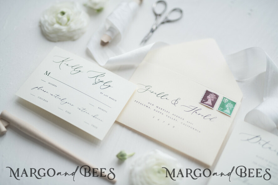 WEDDING INVITATIONS Elegant Invites Classic Cards Minimalist Wedding Invitations Fine Art Stationery with Bow Ivory Paper Envelope Monogram Liner