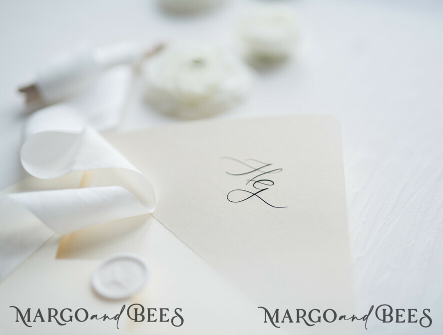 WEDDING INVITATIONS Elegant Invites Classic Cards Minimalist Wedding Invitations Fine Art Stationery with Bow Ivory Paper Envelope Monogram Liner