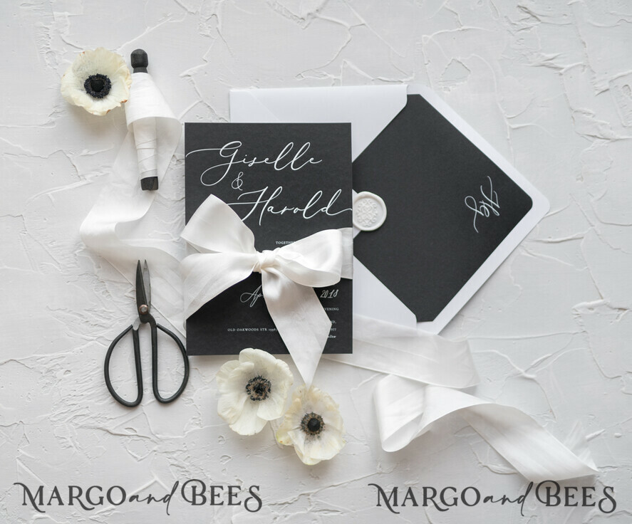 WEDDING INVITATIONS Elegant Invites Classic Cards Fairytale Black and White Wedding Invitations Fine Art Stationery with Bow Envelope Monogram Liner