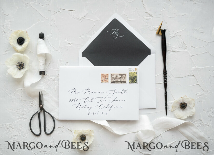 WEDDING INVITATIONS Elegant Invites Classic Cards Fairytale Black and White Wedding Invitations Fine Art Stationery with Bow Envelope Monogram Liner