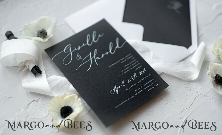 WEDDING INVITATIONS Elegant Invites Classic Cards Fairytale Black and White Wedding Invitations Fine Art Stationery with Bow Envelope Monogram Liner