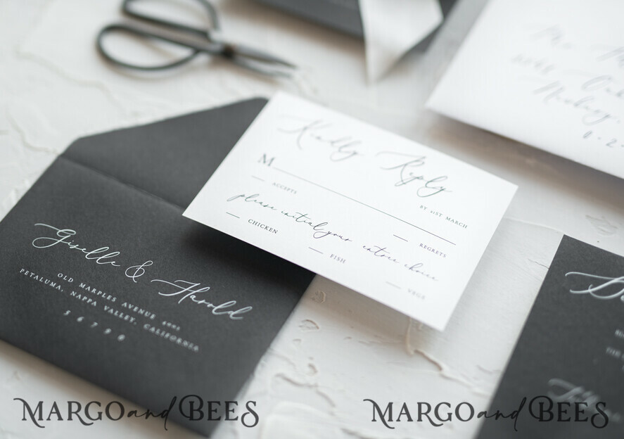 WEDDING INVITATIONS Elegant Invites Classic Cards Fairytale Black and White Wedding Invitations Fine Art Stationery with Bow Envelope Monogram Liner