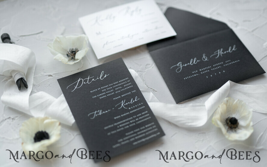 WEDDING INVITATIONS Elegant Invites Classic Cards Fairytale Black and White Wedding Invitations Fine Art Stationery with Bow Envelope Monogram Liner