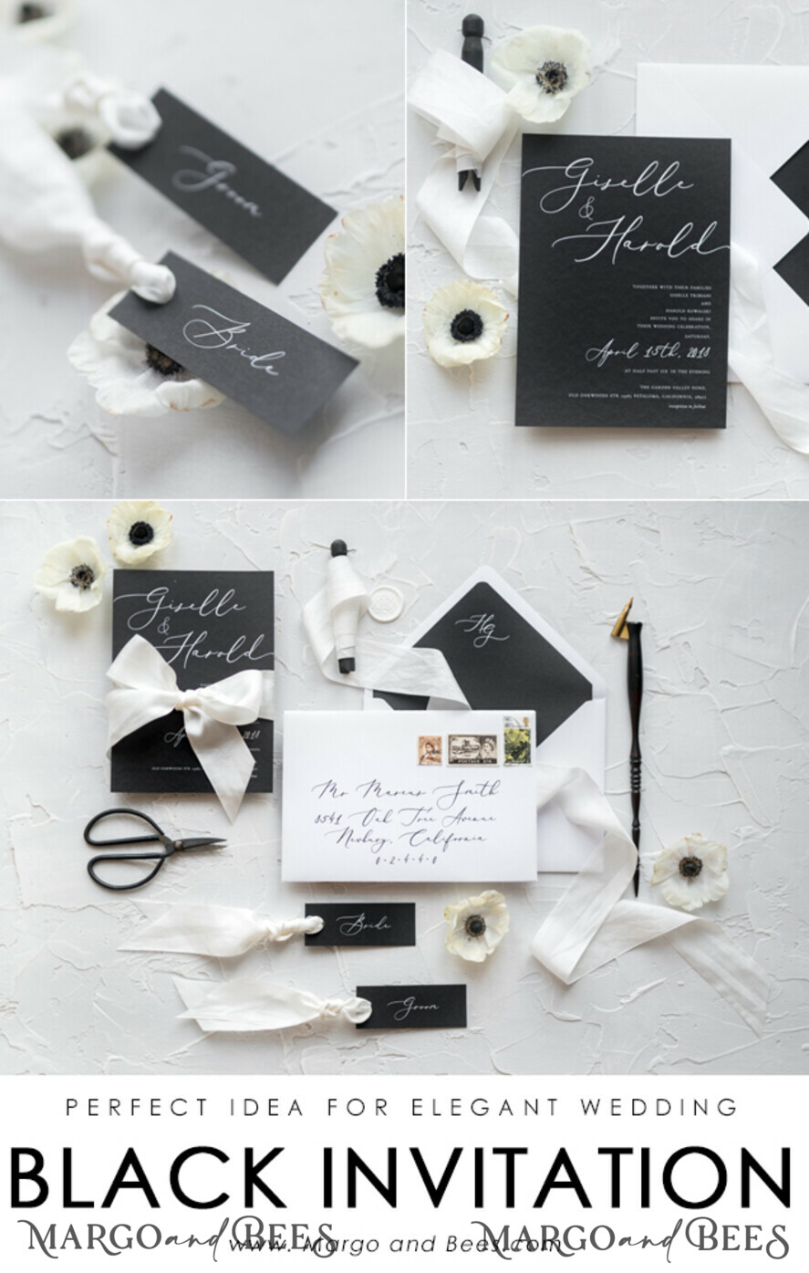 WEDDING INVITATIONS Elegant Invites Classic Cards Fairytale Black and White Wedding Invitations Fine Art Stationery with Bow Envelope Monogram Liner