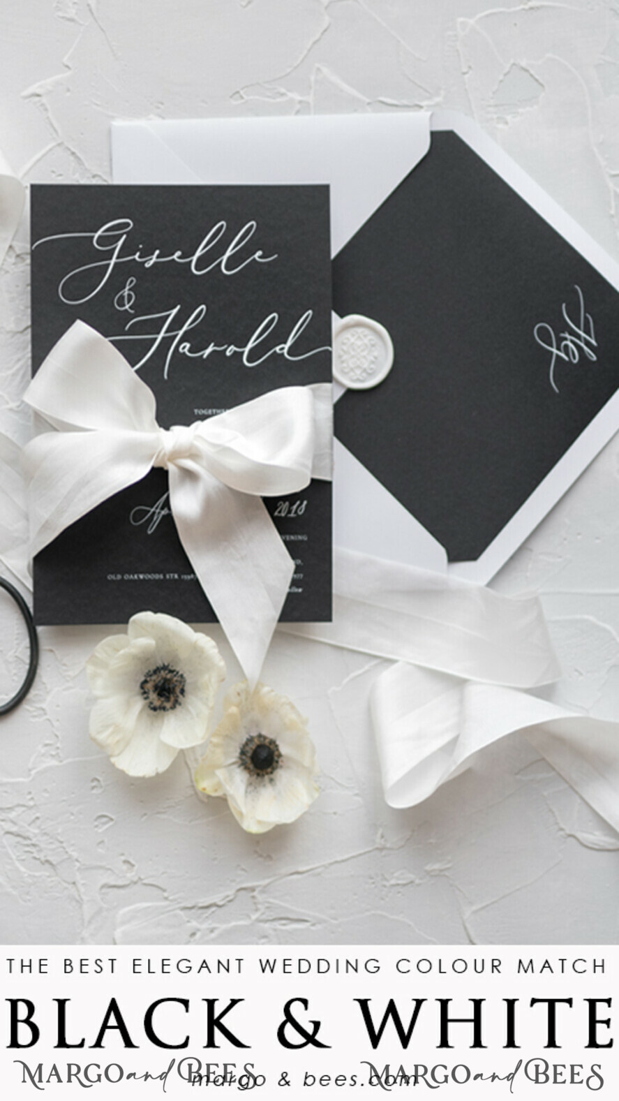WEDDING INVITATIONS Elegant Invites Classic Cards Fairytale Black and White Wedding Invitations Fine Art Stationery with Bow Envelope Monogram Liner