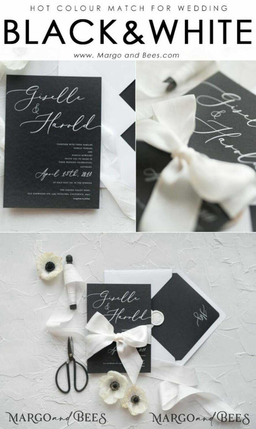 WEDDING INVITATIONS Elegant Invites Classic Cards Fairytale Black and White Wedding Invitations Fine Art Stationery with Bow Envelope Monogram Liner