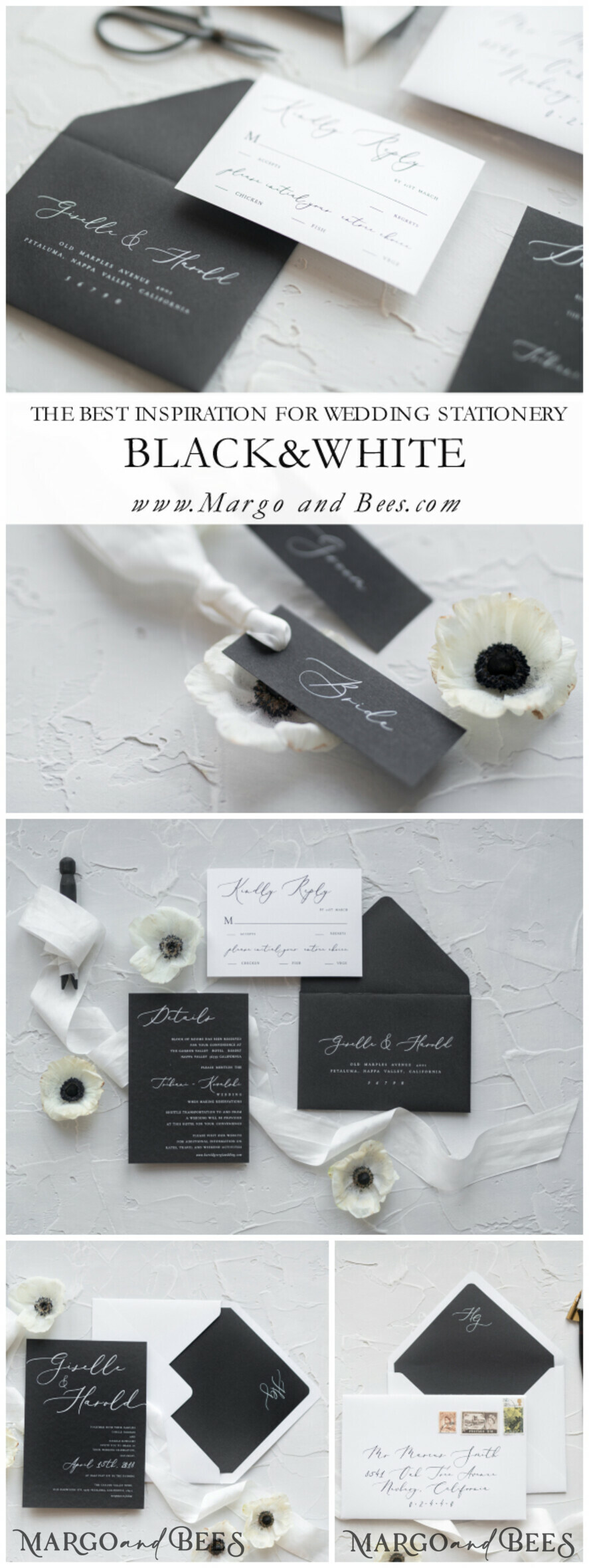 WEDDING INVITATIONS Elegant Invites Classic Cards Fairytale Black and White Wedding Invitations Fine Art Stationery with Bow Envelope Monogram Liner