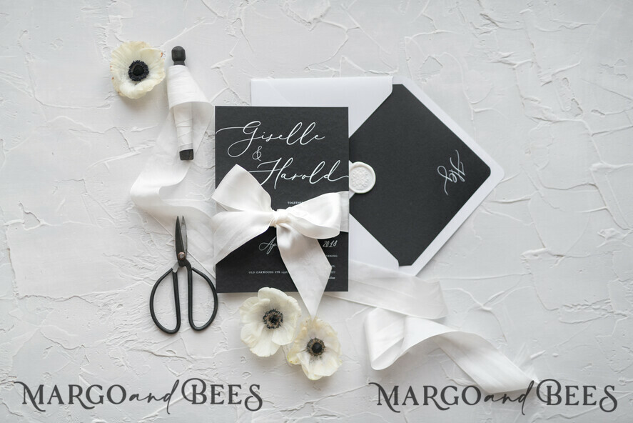 WEDDING INVITATIONS Elegant Invites Classic Cards Fairytale Black and White Wedding Invitations Fine Art Stationery with Bow Envelope Monogram Liner