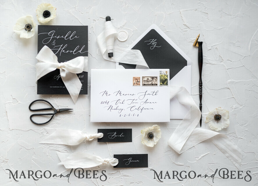 WEDDING INVITATIONS Elegant Invites Classic Cards Fairytale Black and White Wedding Invitations Fine Art Stationery with Bow Envelope Monogram Liner