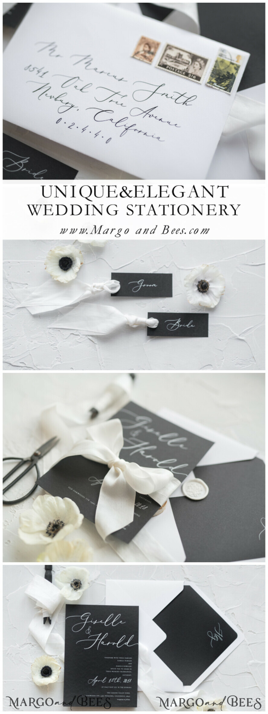 WEDDING INVITATIONS Elegant Invites Classic Cards Fairytale Black and White Wedding Invitations Fine Art Stationery with Bow Envelope Monogram Liner