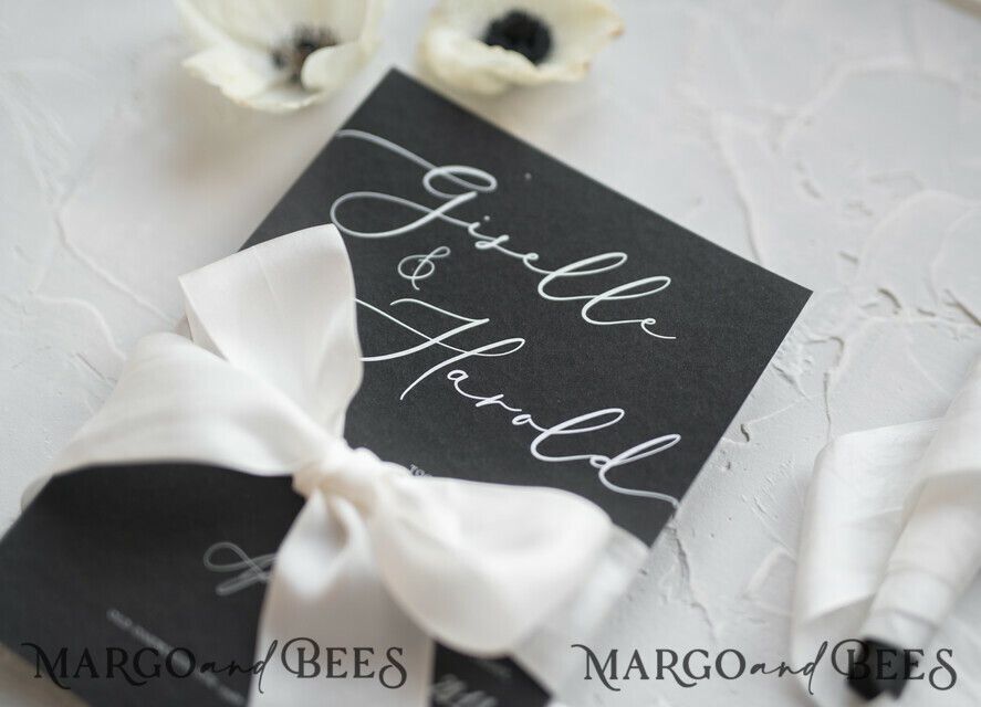 WEDDING INVITATIONS Elegant Invites Classic Cards Fairytale Black and White Wedding Invitations Fine Art Stationery with Bow Envelope Monogram Liner