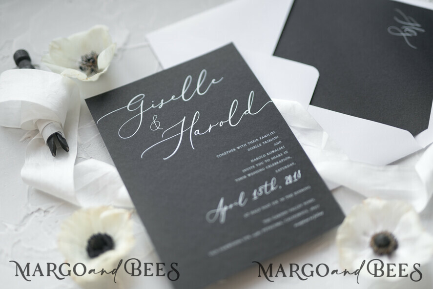 WEDDING INVITATIONS Elegant Invites Classic Cards Fairytale Black and White Wedding Invitations Fine Art Stationery with Bow Envelope Monogram Liner