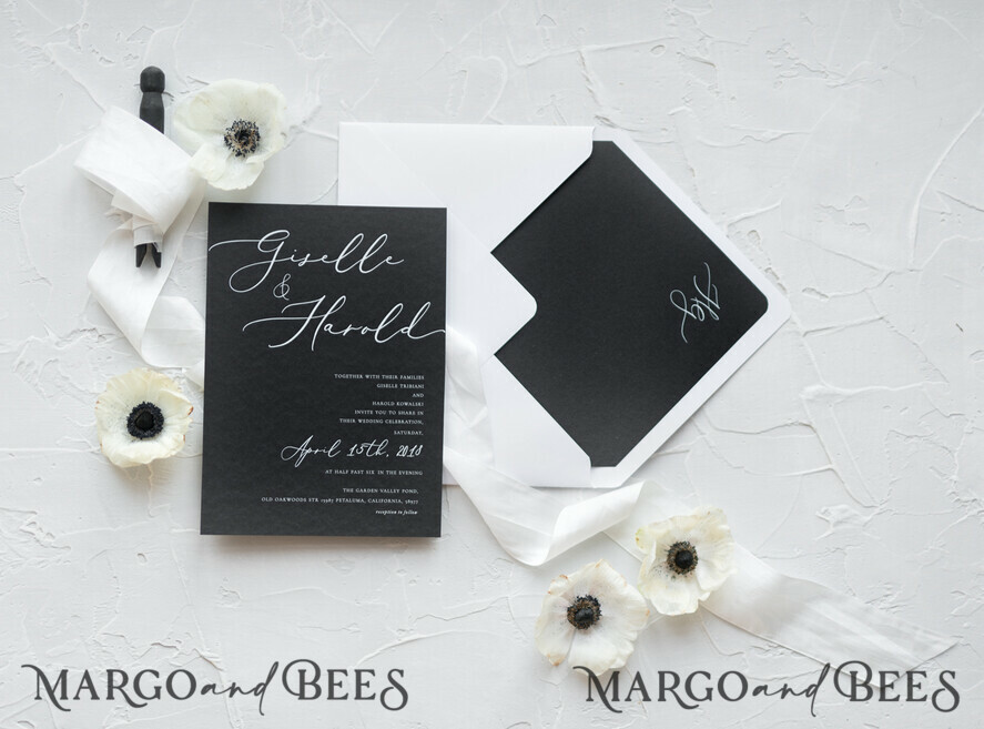 WEDDING INVITATIONS Elegant Invites Classic Cards Fairytale Black and White Wedding Invitations Fine Art Stationery with Bow Envelope Monogram Liner