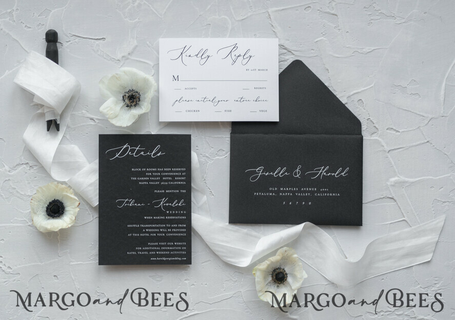 WEDDING INVITATIONS Elegant Invites Classic Cards Fairytale Black and White Wedding Invitations Fine Art Stationery with Bow Envelope Monogram Liner
