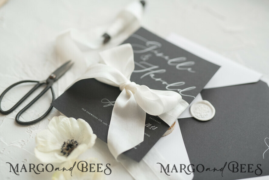 WEDDING INVITATIONS Elegant Invites Classic Cards Fairytale Black and White Wedding Invitations Fine Art Stationery with Bow Envelope Monogram Liner