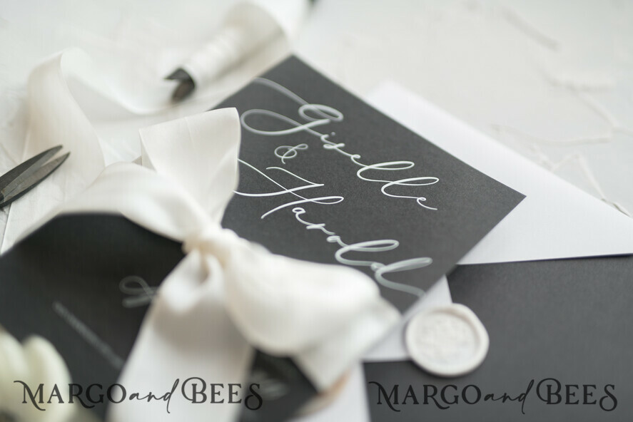 WEDDING INVITATIONS Elegant Invites Classic Cards Fairytale Black and White Wedding Invitations Fine Art Stationery with Bow Envelope Monogram Liner