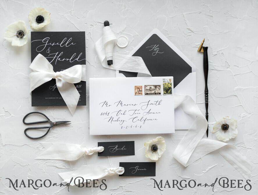 WEDDING INVITATIONS Elegant Invites Classic Cards Fairytale Black and White Wedding Invitations Fine Art Stationery with Bow Envelope Monogram Liner
