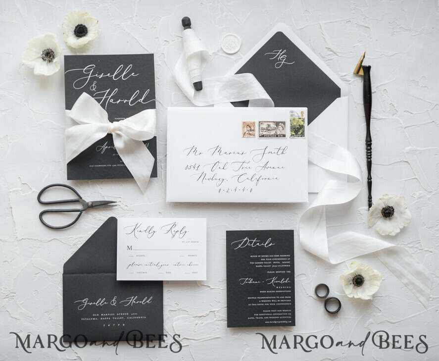 WEDDING INVITATIONS Elegant Invites Classic Cards Fairytale Black and White Wedding Invitations Fine Art Stationery with Bow Envelope Monogram Liner